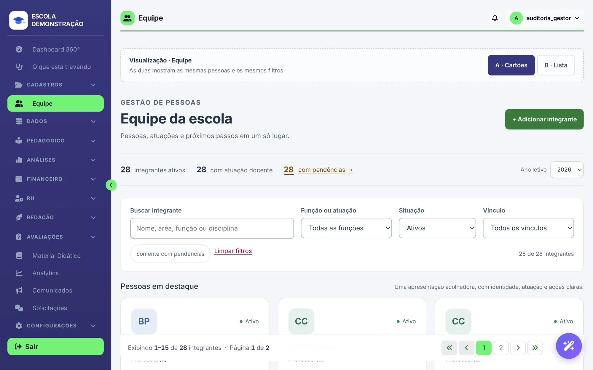Tela da equipe da escola, com 28 integrantes ativos, filtros por função e situação, e cartões mostrando a atuação de cada professor.